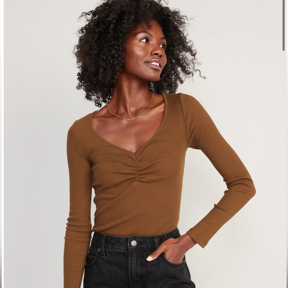 Long-Sleeve Cinched-Front Rib-Knit T-Shirt